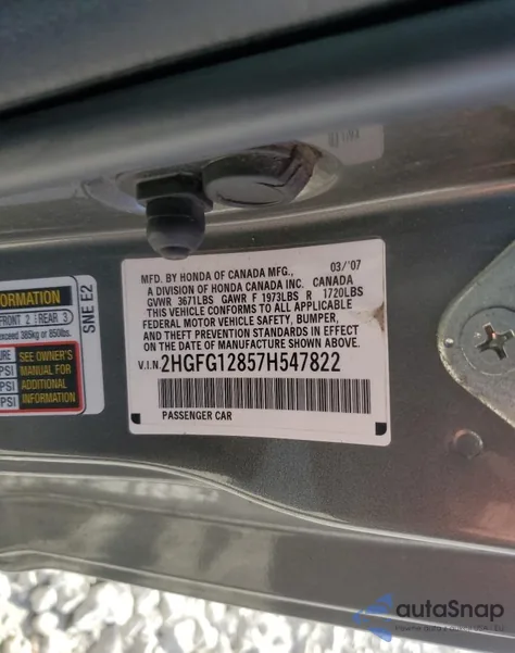 2007 Honda Civic Ex z USA, uszkodzony, nr VIN 2HGFG12857H547822